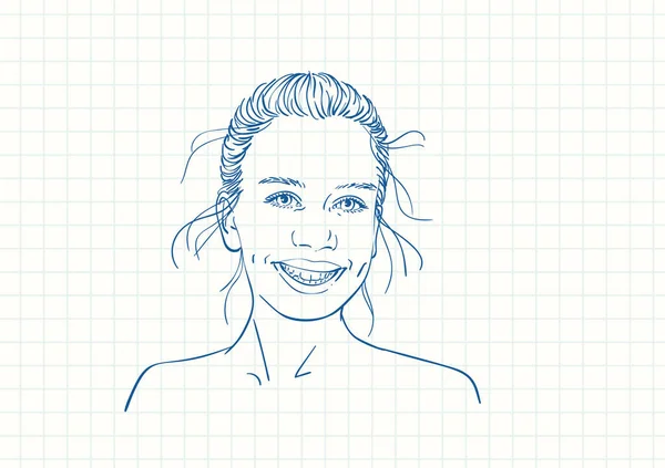 Счастливая Девочка Подросток Широкой Улыбкой Синий Рисунок Ручкой Квадратной Странице — стоковый вектор