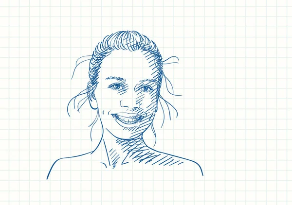 Glückliches Teenager Mädchen Mit Breitem Lächeln Blaue Federzeichnung Auf Quadratischer — Stockvektor