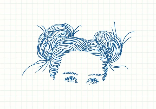 Eyes Hair Teenage Girl Two Buns Hairstyle Blue Pen Sketch — Stock Vector
