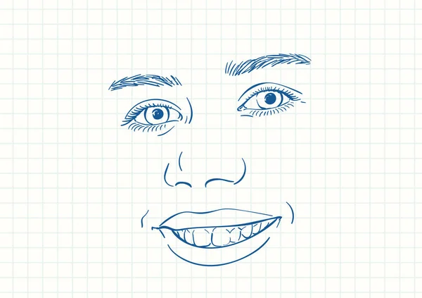 美しい目と太い眉毛を持つ十代の少女の美しい笑顔の顔 正方形のグリッドノートブックページ上の青いペンのスケッチ 手描きベクトルイラスト — ストックベクタ