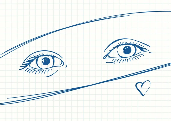 二つの水平線と小さな心の間に描かれた十代の少女の美しい目 正方形のグリッドノートブックページ上の青いペンのスケッチ 手描きベクトルイラスト — ストックベクタ