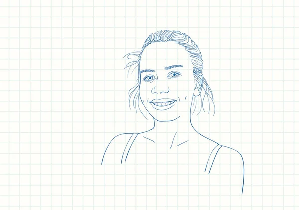 笑容满面的快乐少女 方格笔记本页上的蓝色笔画 手绘矢量线画 — 图库矢量图片