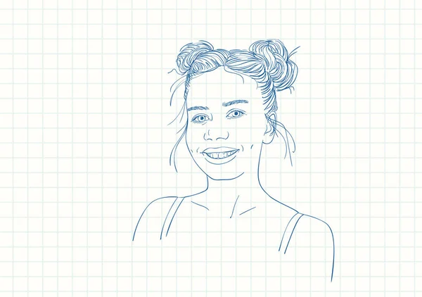 Schöne Lächelnde Teenagerin Mit Zwei Frisuren Blaue Federzeichnung Auf Quadratischer — Stockvektor