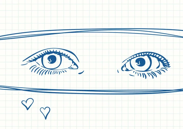 Beautiful Eyes Teenage Girl Drawn Two Horizontal Lines Small Heart — Stock Vector