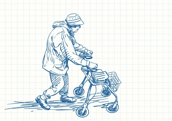 歩行者用ホイールチェアで歩く高齢女性 正方形のグリッドノートブックページ上の青ペンスケッチ 手描きベクトルイラスト — ストックベクタ