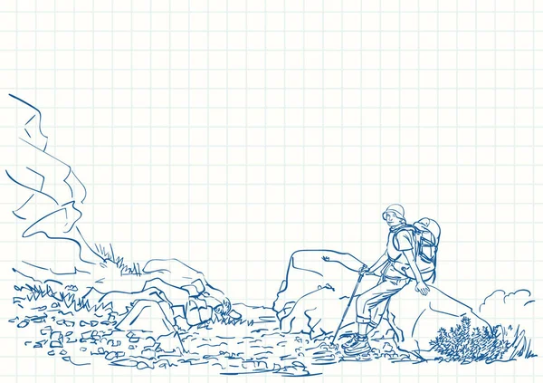 バックパック付き女性のトレッカー座って 大きな岩の上に休んで 正方形のグリッドノートブックページ上の青いペンのスケッチ 手描きベクトル線イラスト — ストックベクタ