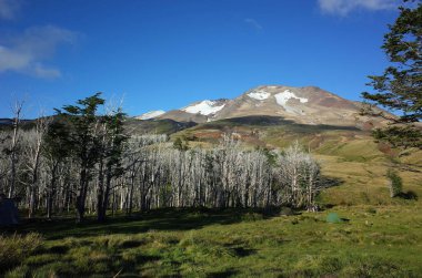 Güzel huzurlu dağ manzarası, Puyehue Ulusal Parkı, Los Lagos Bölgesi 'ndeki Refugio El Caulle' de kamp yapan Volkan Puyehue manzarası.