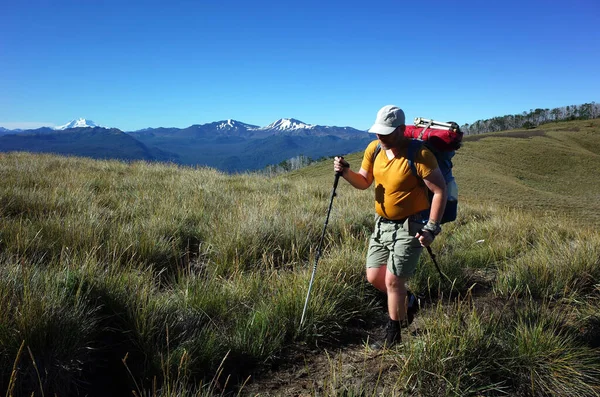 Homem Com Mochila Caminhadas Solo Paisagem Montanhosa Gramada Parque Nacional — Fotografia de Stock
