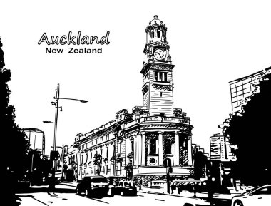 Auckland Belediyesi 'nin vektör çizimi. Şehir merkezindeki Queen Caddesi' ndeki tarihi bina. Çok iyi korunan miras yeri.
