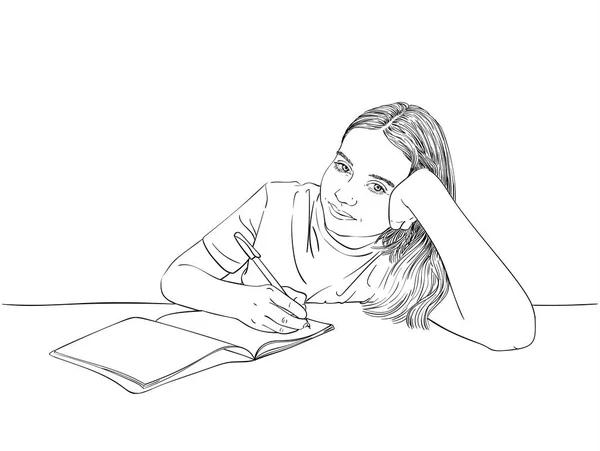 Sketch Girl Writing Notebook Kézzel Rajzolt Vektor Lineáris Illusztráció Gyermekek — Stock Vector