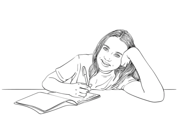 笔记本中的女童书写素描 手绘矢量线形插图 教育和学习概念 — 图库矢量图片