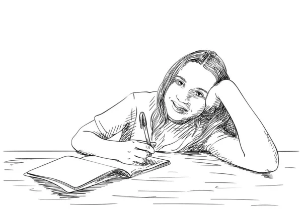 笔记本中的女童书写素描 手绘矢量图解 教育和学习概念 — 图库矢量图片