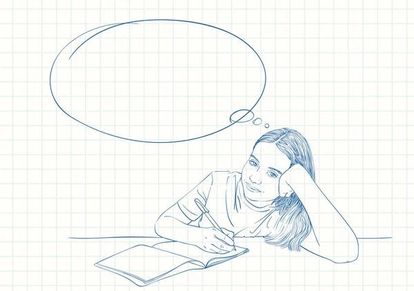 Vázlat Lány Írásban Notebook Álmodik Gondolat Buborék Kézzel Rajzolt Vektor — Stock Vector