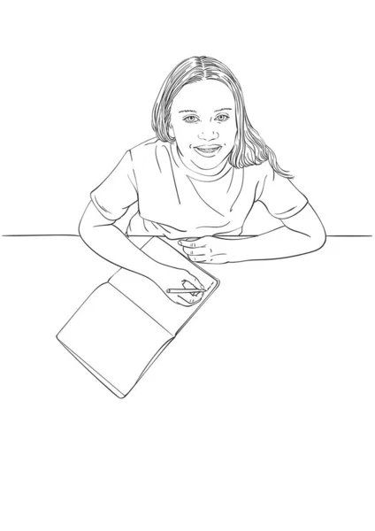Skica Dívky Psaní Notebooku Ručně Kreslený Vektor Lineární Ilustrační Pohled — Stockový vektor
