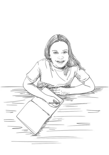 Sketch Girl Writing Notebook Vista Ilustração Vetorial Desenhada Mão Cima — Vetor de Stock