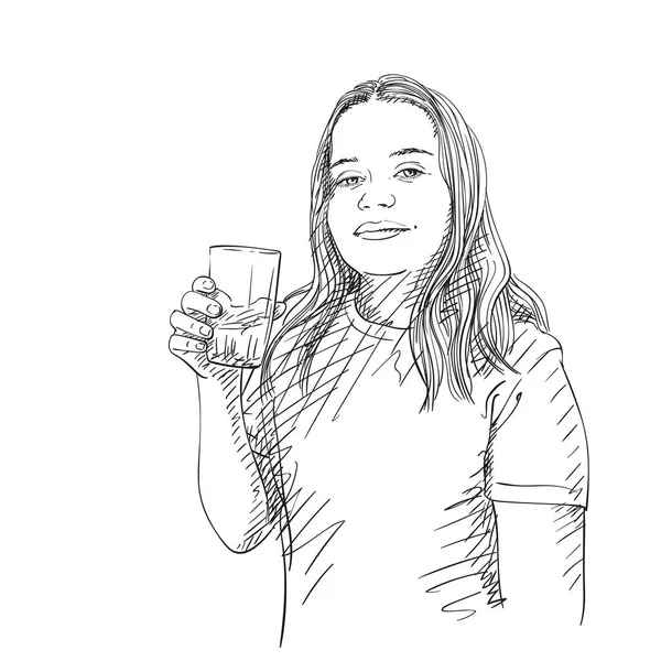 Bosquejo Chica Adolescente Con Pelo Largo Beber Agua Vidrio Ilustración — Vector de stock