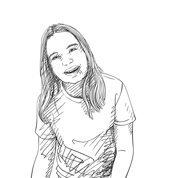 Ilustração Desenhada Mão Menina Sorrindo Feliz Vector Esboço —  Vetores de Stock