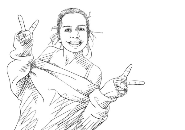 Sketsa Gadis Remaja Yang Cukup Positif Bahagia Isyarat Perdamaian Mengenakan - Stok Vektor