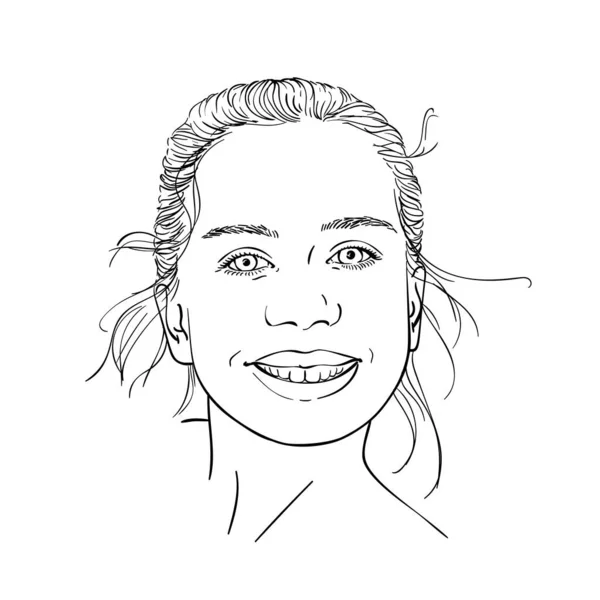 Sketsa Gadis Remaja Bahagia Dengan Senyum Lebar Tangan Digambar Vektor - Stok Vektor
