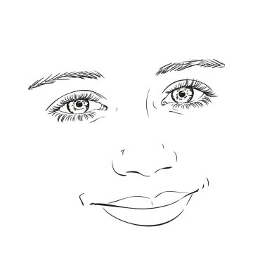 Geniş tebessümlü, uzun kirpikli, güzel mutlu bir kız yüzü, vektör çizimi, beyaz arka planda izole edilmiş el çizimi.