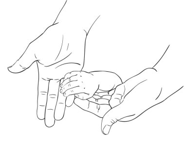 Annenin küçük ellerini tutarken çizilen çizgi çizimi, mutlu annelik kavramı sevgi ve aile, beyaz arka planda izole edilmiş el çizimi vektör çizimi.