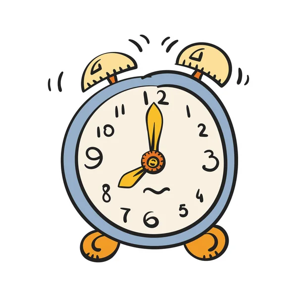 漫画目覚まし時計のリンギング朝目を覚ます 白に隔離された手描きのイラスト — ストックベクタ