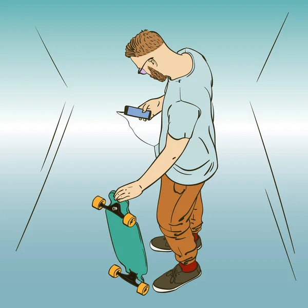 Hipster Muž Skateboard Pomocí Chytrého Telefonu Pohled Shora Ručně Kreslené — Stockový vektor