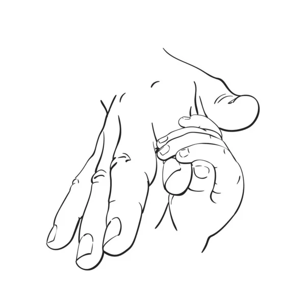 赤ちゃんの小さな手を持つ母親の指の線画 愛と家族の幸せな妊産婦の概念 白い背景に隔離された手描きベクトルイラスト — ストックベクタ