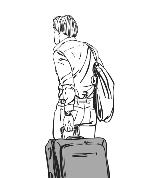带行李箱观点的人类旅行者的矢量草图 旅行概念 手绘线条艺术图解 — 图库矢量图片