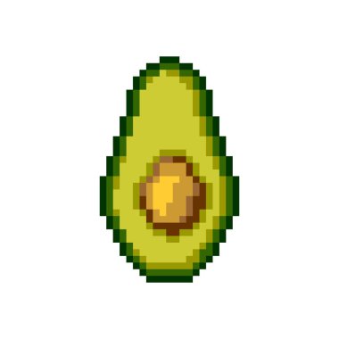 Bilgisayar oyunu, simge ve yiyecek baskısı için beyaz kare arkaplan vektör ilüstrasyonunda Avokado pikseli resim izole