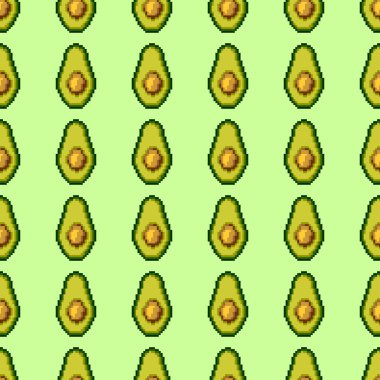 Açık yeşil zemin üzerinde Avokado pikselsiz resim deseni, tohum dijital bilgisayar oyunu pikseli gıda baskısı, ambalaj kağıdı için vektör arka planı, tohum dijital oyun pikseli yarım tropik meyve avokadosu