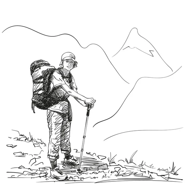 Skizze Einer Bergwanderin Mit Großem Rucksack Handgezeichnete Vektor Illustration — Stockvektor