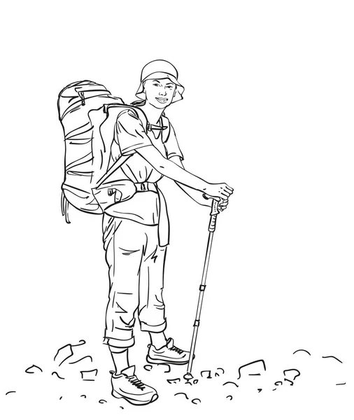 Skizze Einer Trekkingfrau Mit Großem Rucksack Handgezeichnete Lineare Vektor Illustration — Stockvektor
