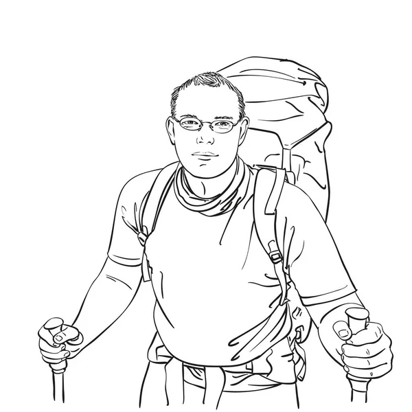 Croquis Trekking Homme Haut Corps Avec Grand Sac Dos Illustration — Image vectorielle