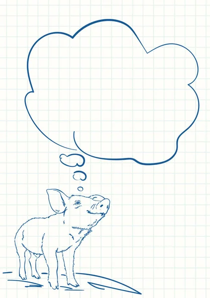 带有思想气泡的猪 方格笔记本页上的蓝色笔画 手绘向量图 — 图库矢量图片