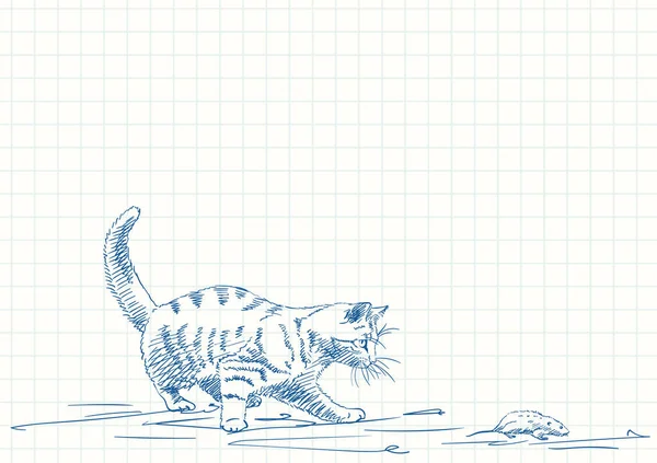 Cat Playing Mouse Blue Pen Skica Square Grid Notebook Page — Stockový vektor