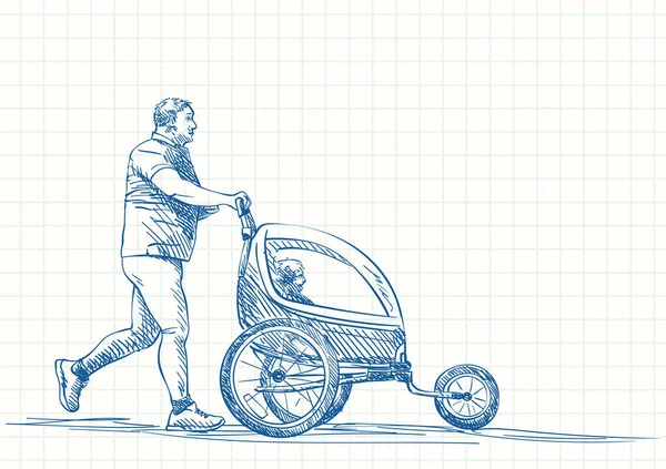 Mężczyzna Biegający Dzieckiem Wózku Joggingu Szkic Niebieski Długopis Kwadratowej Stronie — Wektor stockowy