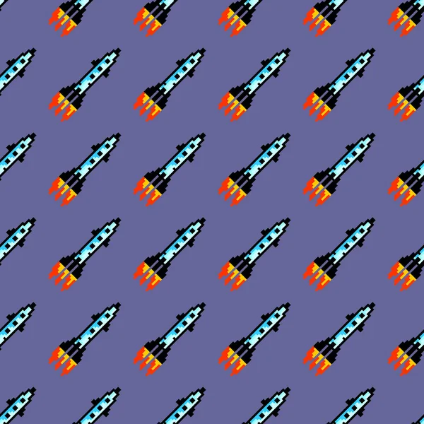 Ruimte Raket Pixel Kunst Naadloos Patroon Donkere Violette Achtergrond Ruimteschip — Stockvector