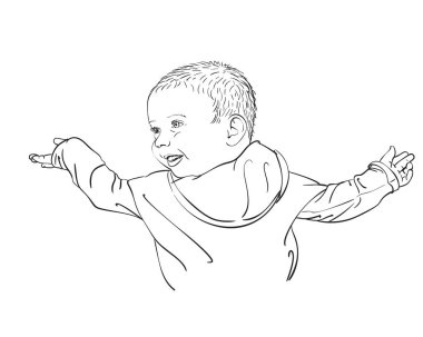 Elleri havada gülümseyen bir bebeğin çizimi, beyaz arka planda izole edilmiş bir el çizimi vektör çizimi.