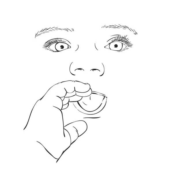 Рисунок Детского Лица Счастливым Асимметричными Глазами Длинными Ресницами Рука Касаясь — стоковый вектор