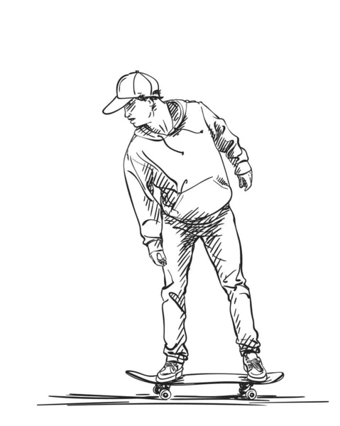 滑板上带帽 帽衫和牛仔裤的滑板人物画 用白色背景隔离的手绘帽孔矢量图解 — 图库矢量图片