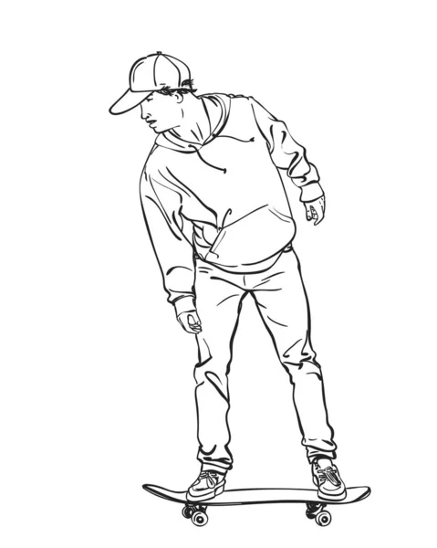 滑板上戴着帽子 帽衫和牛仔裤的滑板素描 白色上孤立的手工画线画图 — 图库矢量图片