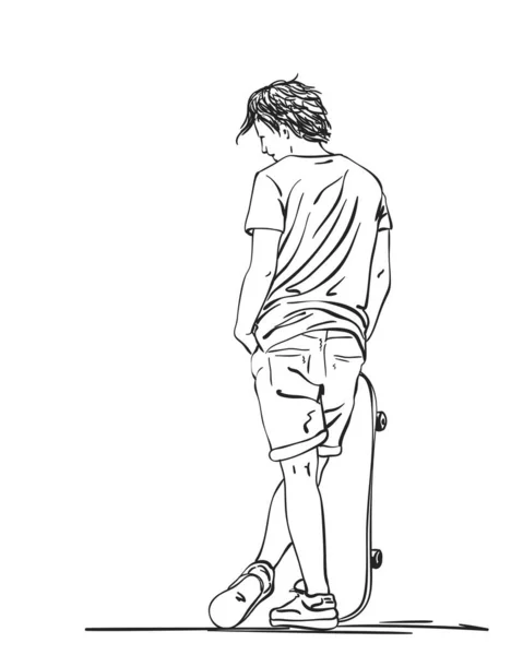 Sketch Skateboarder Stands Holds Skateboard Other Hand Pocket Hand Drawn — Stock Vector