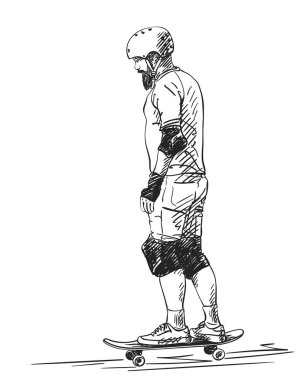 Tam korumalı kaykaycı çizimi, kaykay sürerken kask ve sakal, beyaz arka planda izole edilmiş gölgelik vektör çizimi.