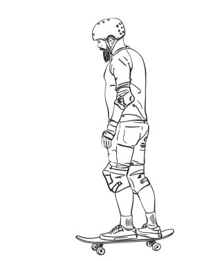 Tam korumalı kaykaycı çizimi, kaykay sürerken kask ve sakal, beyaz arka planda izole edilmiş el çizimi çizimi sanat çizimi çizimi çizimi çizimi.