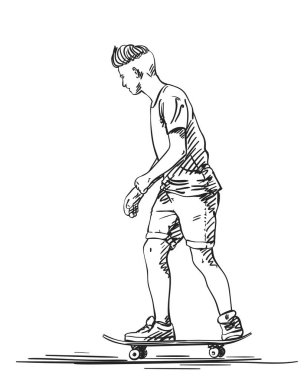 Kaykay sürerken hippi traşlı kaykay çizimi, beyaz arka planda izole edilmiş el yapımı vektör çizimi.