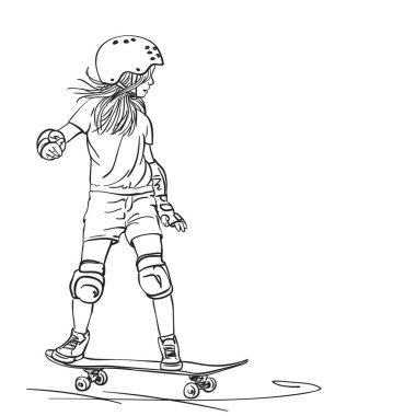 Uzun saçlı kaykaycı kız ressamın tam koruma ve kaskla kaykay sürüşü, beyaz arka planda el çizimi çizimi çizilmiş sanat çizimi çizimi çizimi.