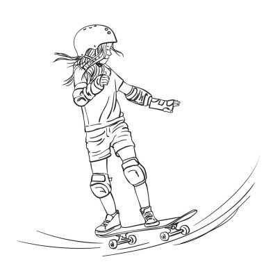 Kaykay parkında uzun saçlı kaykaycı kız ressamın tam koruma ve kaskla kaykay sürüşü, beyaz arka planda el çizimi çizimi çizilmiş çizim çizimi resim çizimi.