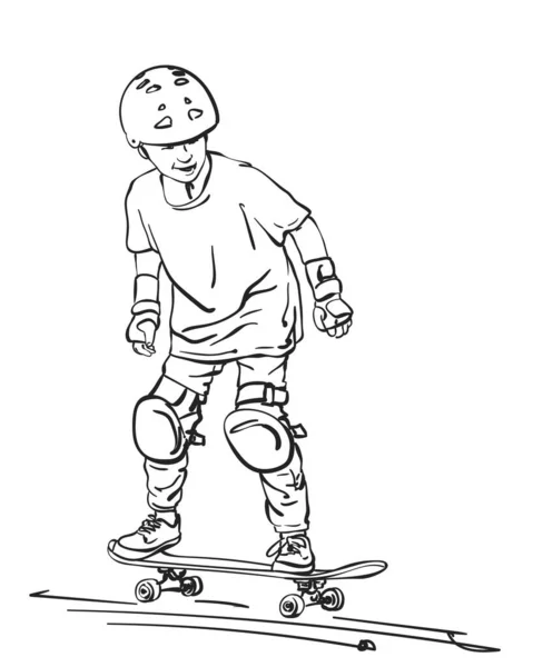 スケートボード上の完全な保護とヘルメットに乗るの男の子のスケートボードのスケッチ 白い背景に隔離された手描きラインアートベクトルのイラスト — ストックベクタ