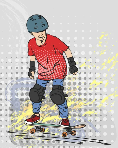 Schets Van Jongen Skateboarder Volledige Bescherming Helm Rijden Skateboard Rood — Stockvector